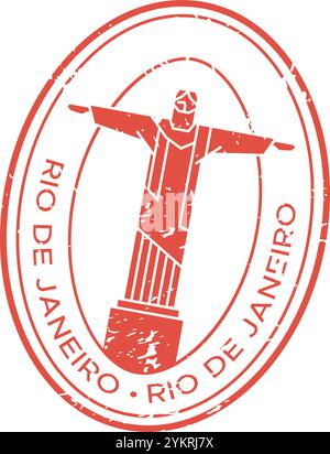 Ovaler roter Stempel mit christus dem Erlöser mit ausgebreiteten Armen, ein prominentes Wahrzeichen in rio de janeiro, brasilien, das an Reisen und Tourismus erinnert Stock Vektor