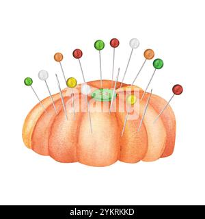 Orangefarbenes Kissen mit metallischen Nadeln und Nadeln. Clipart wird vernäht. Maßgeschneidert. Schneiderei. Handgezeichnete Aquarellillustration. Stockfoto