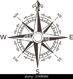 Kompassrose mit Fleur de Lis-Symbol, das nach Norden zeigt, zeigt die vier Kardinalrichtungen und Interkardinalrichtungen auf weißem Hintergrund, ideal f Stock Vektor