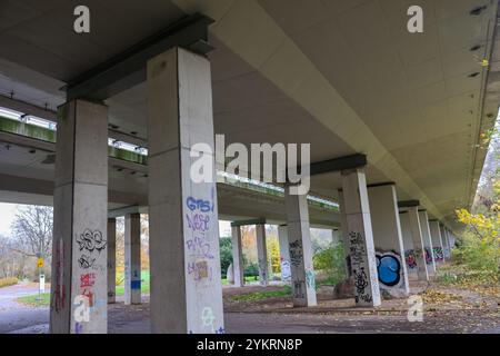 Markkleeberg, Deutschland. November 2024. Mehrere zusätzliche Stützen wurden unter der Brücke durch den Agra Park installiert. Die Brücke der Bundesstraße 2 ist eine von 19 Brücken in Sachsen, die ein ähnliches Schicksal wie die Dresdner Carola-Brücke haben könnten. Wie die Carola-Brücke, die in der Nacht des 11. September teilweise einstürzte, sind alle diese Brücken sogenannte Spannbetonbrücken aus den 1960er bis 1980er Jahren Sie enthalten „Vorspannstahl mit Risiko von Spannungsrissen“. Sie werden derzeit einer intensiven Untersuchung unterzogen. Quelle: Jan Woitas/dpa/Alamy Live News Stockfoto