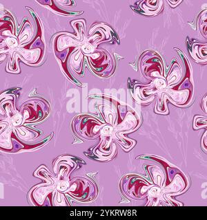 Nahtloses Muster abstrakter dekorativer Blumen mit rosa Streifen, kreativem lila Hintergrund, Pinselstruktur. Moderne Kunst. Stockfoto