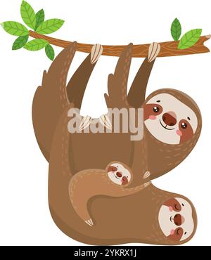 Die bezaubernde Illustration zeigt eine Familie von Faultieren, die kopfüber an einem Baumzweig hängen und die friedliche Schönheit der Tierwelt in ihrem natürlichen h zeigen Stock Vektor