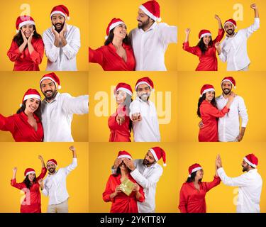 Fröhliches Paar mit Weihnachtsmützen bei einer festlichen Feiertagsfeier Stockfoto