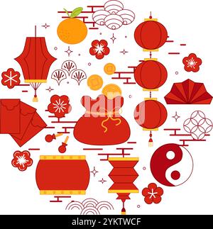 Kreative chinesische Neujahrskreise Komposition mit grafischem Vektor traditionelle chinesische Elemente und Dekorationen in Rot Stock Vektor