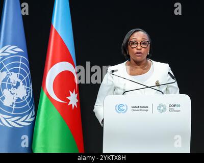 Baku, Aserbaidschan. November 2024. Valentine Uwamaliya, Umweltministerin Ruandas, gibt eine nationale Erklärung während des wiederaufgenommenen hochrangigen Segments im Plenarsaal von Nizami in der Blauen Zone während der Klimakonferenz der Vereinten Nationen COP29, einer Veranstaltung des UNFCCC im Olympiastadion von Baku, ab. COP29, laufende Arbeiten konzentrieren sich auf die Suche nach sauberer Energie im CO2-Offset (Foto: Dominika Zarzycka/SOPA Images/SIPA USA) Credit: SIPA USA/Alamy Live News Stockfoto