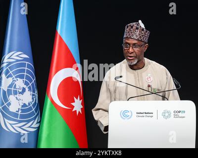 Baku, Aserbaidschan. November 2024. Balarabe Abbas Lawal, Umweltminister Nigerias, gibt eine nationale Erklärung während des wiederaufgenommenen hochrangigen Segments im Plenarsaal von Nizami in der Blauen Zone während der Klimakonferenz der Vereinten Nationen COP29, einer Veranstaltung des UNFCCC im Olympiastadion von Baku, ab. COP29, laufende Arbeiten konzentrieren sich auf die Suche nach sauberer Energie im CO2-Offset (Foto: Dominika Zarzycka/SOPA Images/SIPA USA) Credit: SIPA USA/Alamy Live News Stockfoto