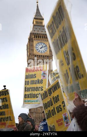 London, England, Großbritannien. November 2024. Die Landwirte und ihre Unterstützer halten Schilder, die vor der Agenda 30 der Regierung warnen und was sie für die Landwirte während der Demonstration bedeuten könnte. Die Bauern und ihre Unterstützer versammeln sich im Londoner Whitehall gegenüber der Downing Street, um gegen die neuen Erbschaftssteuervorschriften zu protestieren, die von der Labour-Kanzlerin RACHEL REEVES in ihrem jüngsten Budget eingeführt wurden. Die Landwirte zahlen nun Erbschaftssteuer auf Vermögenswerte von mehr als 1 Million Â, anstatt sie steuerfrei an ihre Familienangehörigen weiterzugeben. (Kreditbild: © Martin Pope/ZUMA Press Wire) NUR REDAKTIONELLE VERWENDUNG! Nicht für Commercia Stockfoto