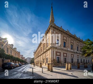 Entdecken Sie die historische Architektur des Archivo General de Indias an einem sonnigen Nachmittag in Sevilla. Die Szene fängt die ruhige Schönheit von Santo T ein Stockfoto