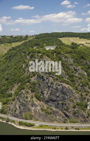 Panorama vom Loreleyblick Maria Ruh auf dem Loreleyfelsen, Weltkulturerbe Oberes Mittelrheintal, St. Goarshausen, Rheinland-Pfalz, Deutsch Stockfoto