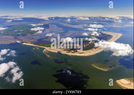 Amrum- und Foehr-Inseln im Wattenmeer aus einer Höhe von 3000 Metern aus der Vogelperspektive Stockfoto