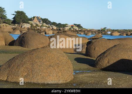 Felsige Landschaft am Meer mit Blick auf Bäume und Häuser, Baie de Sainte-Anne, Tregastel, Tregastel, Cote d'Armor, Bretagne, Frankreich, Europa Stockfoto