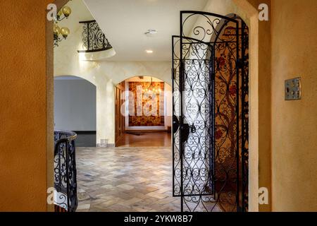 Schmiedeeiserne Tore, die zum vorderen Foyer in einem Herrenhaus blicken. Dieses Haus wurde seither abgerissen. Stockfoto