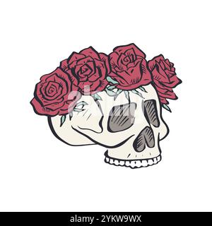 Hand gezeichneter blumiger menschlicher Schädel mit Rosenkranz isoliert auf weißem Hintergrund Stock Vektor
