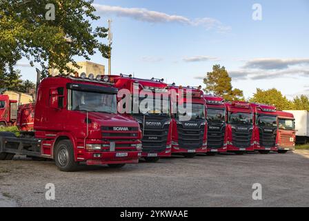 Ein Bild einer Reihe roter Scania-Lkw Stockfoto