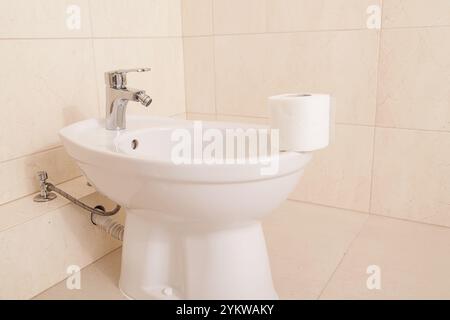 Toilettenpapier und Bidet, Bidet-Dusche oder Toilettenpapier Stockfoto