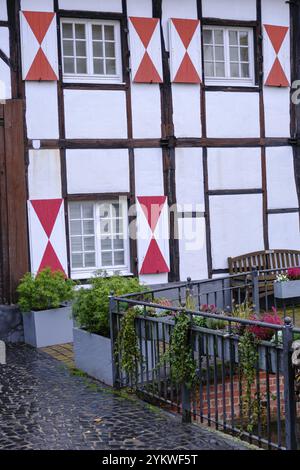 Detail eines Fachwerkhauses mit roten Mustern und Blumendekorationen in einer urbanen Gasse, Gmen, münsterland, deutschland Stockfoto