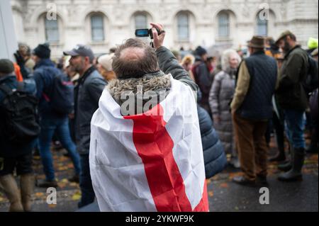 London, Großbritannien. November 2024. Ein Demonstrant, der während der Demonstration mit der englischen Flagge über die Schultern geworfen wurde. Die britischen Bauern demonstrieren in London gegen Steueränderungen, die die Labour-Regierung im Haushalt 2024 vorgenommen hat. (Foto: David Tramontan/SOPA Images/SIPA USA) Credit: SIPA USA/Alamy Live News Stockfoto