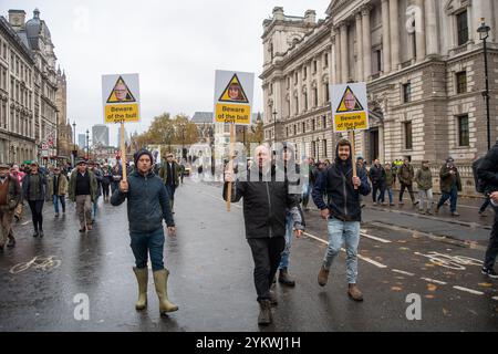 Westminster, London, Großbritannien. November 2024. Vor der Downing Street und dem House of Commons in London wurde heute ein großer Protest gegen die umstrittenen Änderungen des Haushalts der Regierung zur Erbschaftssteuer für Landwirte gehalten. Quelle: Maureen McLean/Alamy Live News Stockfoto