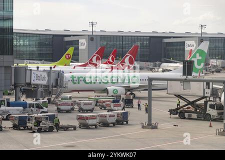 Ein Bild von vielen Flugzeugen, die am Flughafen Istanbul geparkt sind Stockfoto