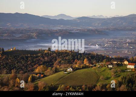 Morgendliche Atmosphäre, Morgenlicht fällt auf hügelige Landschaft und Weinberge, frühmorgendlicher Nebel im Tal, Blick von der Aussichtsplattform Demmerkogel Stockfoto