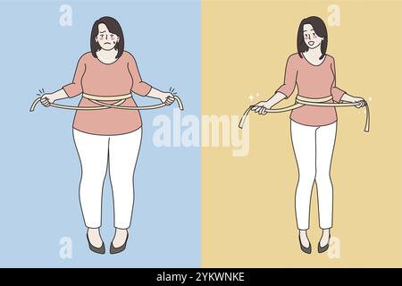 Schlankheits- und Gewichtsreduktion Konzept. Junge traurige fette Frau und glücklich schlanke Mädchen stehen mit Taille Lineal Menge für die Messung Körper Vektor Illustration Stockfoto