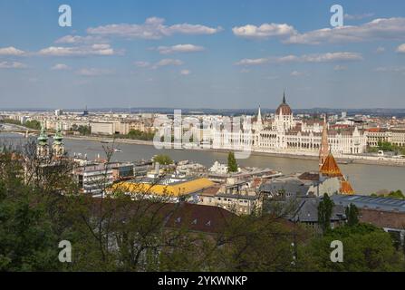 Ein Bild einiger Budapester Sehenswürdigkeiten, wie das ungarische Parlamentsgebäude, die Szilagyi-Dezso-Platz-Reformierte Kirche und die St.-Anne-Gemeinde C. Stockfoto