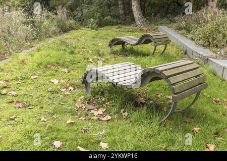 Zwei leere moderne Bänke stehen auf einer Wiese in einem Park und laden zum Entspannen ein Stockfoto