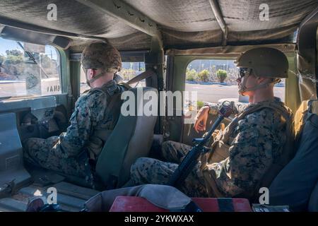 San Diego, USA. Oktober 2024. Marines reiten in einem Humvee auf der Marine Corps Air Station Miramar während einer Trainingsübung am 22. Oktober 2024. (Matthew Bowler/KPBS/SIPA USA) **KEINE VERKÄUFE IN SAN DIEGO-SAN DIEGO DIEGO OUT** Guthaben: SIPA USA/Alamy Live News Stockfoto