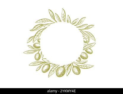 Olive-Kreismuster. Vektor-grüner Zweig, Texturblätter und Ölfrucht. Mediterraner Hintergrund. Extra natives Essen Stock Vektor