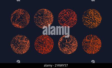 Scribble-Grunge-Holz-Textur-Kreise. Vektorschraffur. Raue Baumringe. Grafische topografische Karte. Abstrakte Planeten im Raum Stock Vektor