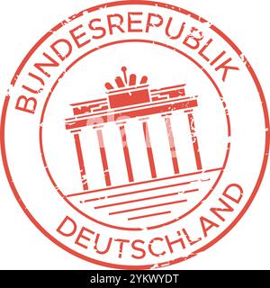 Roter Tintengrunge Gummistempel mit dem brandenburger Tor, einem berühmten Wahrzeichen in berlin, das Reisen, Tourismus und deutsche Kultur symbolisiert Stock Vektor