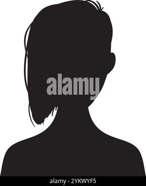 Schwarze Silhouette der Büste der jungen Frau mit kurzen Haaren, nach vorne gerichtet, isoliert auf weißem Hintergrund, ideal für Profilbilder oder Avatare Stock Vektor