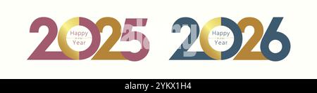 Sammlung der Silvestersymbole 2025 und 2026. Moderne Typografie und Farben. Kreatives Zahlendesign. Geschäftssymbole. Internet-Banner. Satz von Titeln Stock Vektor