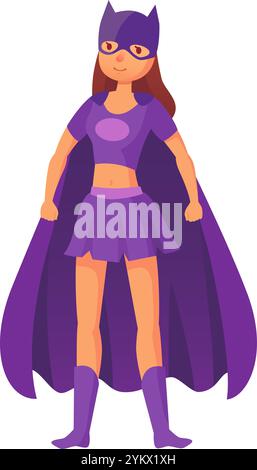 Superheldenfrau mit langem braunem Haar, das lila Kostüm und Maske trägt, die mit geballten Fäusten steht, isolierte Vektorillustration auf weißem Hintergrund Stock Vektor