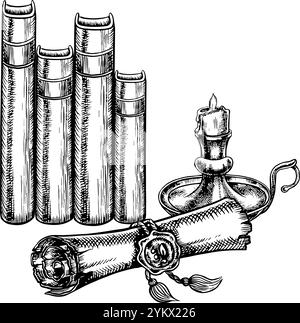 Das Manuskript. Vektorgrafiken in Schwarzweiß mit Bildern von Büchern, Schriftrollen und Kerzen. Handgezeichnete Illustration auf weißem Hintergrund. Eine Designelie Stock Vektor
