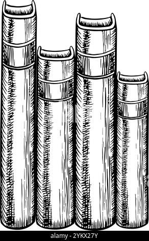 Ein Stapel von stehenden Büchern, Rückansicht, Buchrücken. Vektorgrafiken in Schwarzweiß. Handgezeichnete Illustration auf weißem Hintergrund. Für Postkarten, Flye Stock Vektor