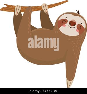 Cartoon-Illustration eines niedlichen Faultieres, das kopfüber an einem Baumzweig hängt, lächelt und einen friedlichen Moment in der Natur genießt Stock Vektor