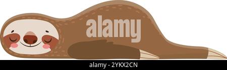 Entzückendes Cartoon-Faultier, das sich mit geschlossenen Augen hinlegt, einen friedlichen Schlaf genießt, Ruhe vermittelt und in einem einfachen, charmanten Stil Ruhe und Erholung bietet Stock Vektor