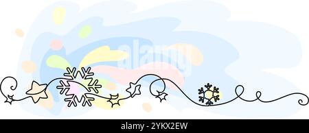 Schneeflockenrand. Durchgehende einzeilige Zeichnung, Kopierraum, frohe Weihnachtsdekoration mit Farbspritzern Stock Vektor