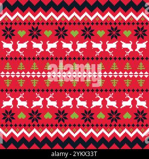 Weihnachten Pullover Muster Design nahtlose Pixel Kunst Hintergrund. Weihnachtsreihen mit Rentieren, Schneeflocken, Sternen, Stechpalmenbeeren und Bäumen auf einem roten Stock Vektor