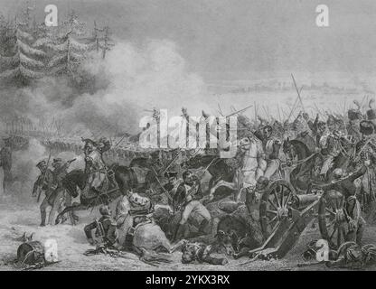 Napoleonische Kriege. Schlacht von Eylau (7-8. Februar 1807). Die französische Armee führte schwere Kämpfe mit der alliierten russischen und preußischen Armee, die schließlich gezwungen wurde, sich vom Schlachtfeld zurückzuziehen. Anklage der Kürassiere in Eylau. Zeichnung von Eugène Charpentier. Stich von Beyer und John Outhwaite. "Histoire du Consulat et de l'Empire" (Geschichte des Konsulats und des französischen Reiches unter Napoleon), von A. Thiers. Band VII. Veröffentlicht in Paris, 1847. Stockfoto