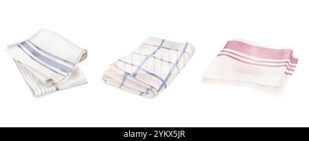 Bettwäsche Servietten und Küchentücher, Set. Digitale Illustration mit Aquarell. Weiße Baumwollhandtücher mit blauem Streifen, gefaltete Tischdecke isoliert auf weißem Rücken Stockfoto