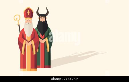 Grußkarte zum Nikolaustag. Der alte Heilige Nikolaus mit dem Teufel. Festliches Webbanner. Winterhintergrund. Flaches Design, Vektorillustration. Europäisch Tschechisch Stock Vektor