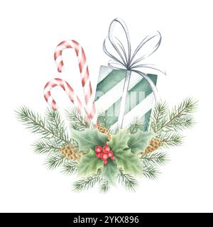 Weihnachtsgeschenk weiß-grün gestreifte Box mit Schleife und Zuckerstangen, die mit stechpalmen- und Fichtenzweigen verziert sind. Handgezeichnete Aquarell isolierte Illustration für Neujahrsgrußkarten Vorlage und Designs. Stockfoto