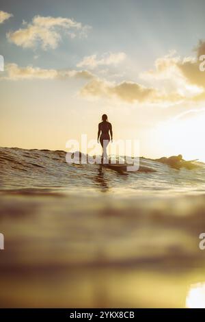 Ein Surfer reitet während eines malerischen Sonnenuntergangs am Waikiki Beach, Hawaii. Stockfoto