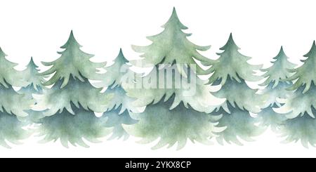 Fichtenwald in schlichtem Stil. Handgezeichnete Aquarelle isolierte nahtlose grüne grüne Tannenbäume für Weihnachten und Happy New Year horizontale Banner, festliche Verpackungen und Landschaftsdesigns. Stockfoto