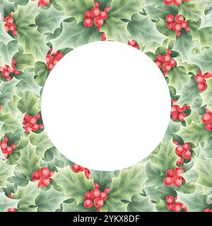 Stechpalme mit roten Beeren und grünen Blättern. Handgezeichnetes Aquarell, isolierte Illustration mit leerem Platz für Text. Kreiskranz, Rahmen, Vorlage für Weihnachten und Neujahr festliche Karten und Designs. Stockfoto