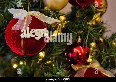 Eine rote Kugel mit dem Namen Alejandra hängt an einem Weihnachtsbaum. Der Baum ist mit vielen anderen roten und goldenen Ornamenten verziert Stockfoto