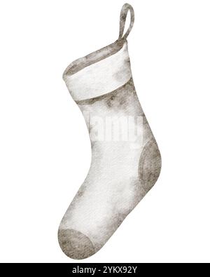 Vintage Weihnachtssocke Aquarell isolierte Zeichnung auf weißem Hintergrund Stockfoto