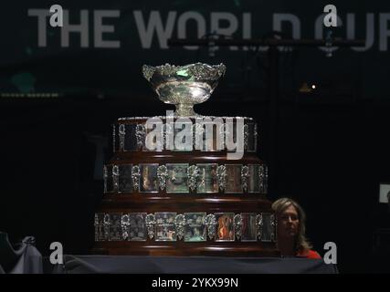 Malaga, Großbritannien. 19. November 2024. Die Trophäe im Davis Cup-Viertelfinale 2024 gegen Botic Van de Zandschulp, Niederlande, in der Jose Maria Martin Carpena Arena in Malaga. Quelle: Isabel Infantes/Alamy Live News Stockfoto